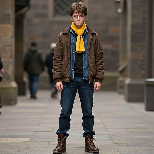 Photograph of a young boy with brown hair, wearing a yellow scarf, brown jacket, blue shirt, jeans, and brown boots, standing on a