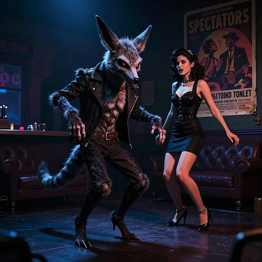 Sinister Jackal Creature and Retro Beatnik Girl Dancing