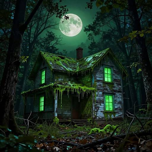 Moss-covered, abandoned haunted house with eerie green windows under a full moon in a dark, misty forest, photographed in a hyper-realistic digital