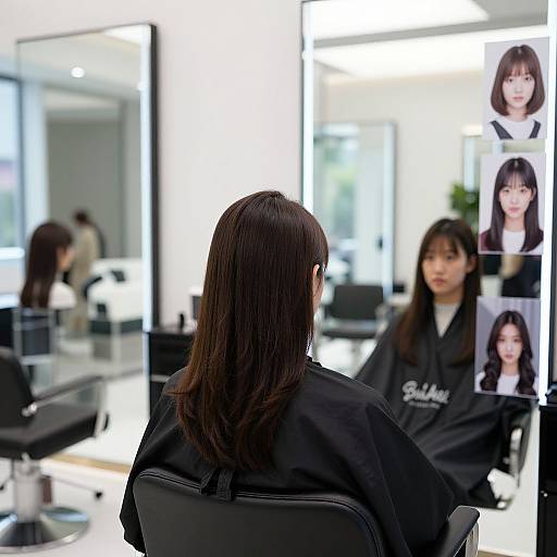 Photograph of a woman with straight black hair in a salon chair, facing mirror, surrounded by four inset portraits of her. Bright, modern salon with