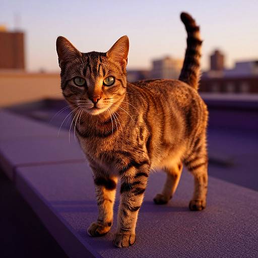 Photograph of a brown tabby cat with green eyes standing on a rooftop at sunset, with blurred city buildings in the background.