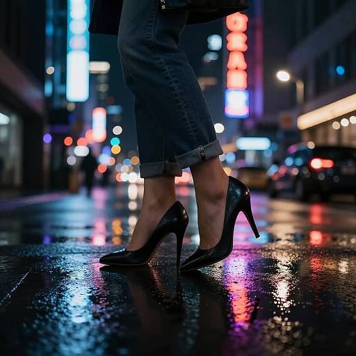 Night city street photograph: Close-up of a woman's legs in blue jeans and black high heels on a wet, reflective sidewalk, surrounded by colorful neon