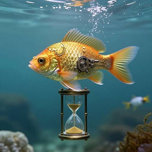 Photograph of a vibrant, orange-gold fish with shimmering scales swimming above an underwater hourglass, surrounded by a blue, underwater ocean scene with