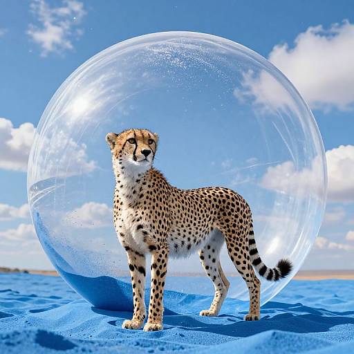 Photorealistic CGI of a cheetah standing inside a transparent bubble on blue sand under a bright blue sky with white clouds.