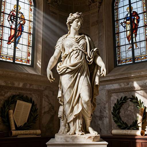 Photograph of a classical white marble statue of a draped female figure, illuminated by sunlight from stained glass windows in a grand, marble-paneled interior.