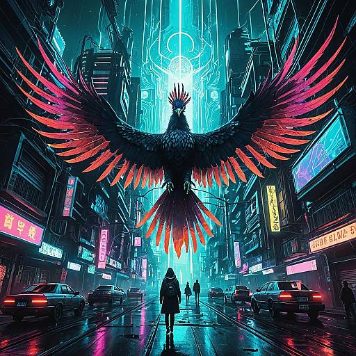 Neon Phoenix Hovering Over Cyberpunk City Street