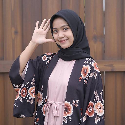 Smiling Asian Woman in Floral Kimono