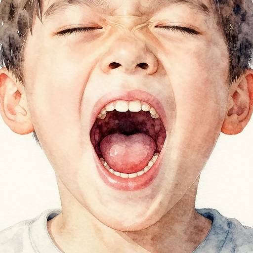 Close-up photograph of a young boy with short brown hair, eyes closed, and mouth wide open in a loud shout, displaying teeth and tongue, against