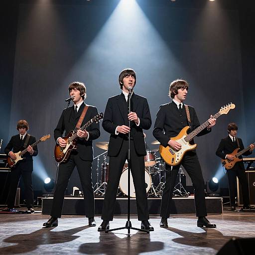 Photograph of four male musicians in black suits, standing on stage under bright lights, playing electric guitars and a drum set.