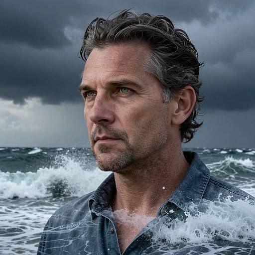 Photograph of a rugged, middle-aged man with wet, tousled gray hair and blue eyes, standing in the ocean under a stormy sky,