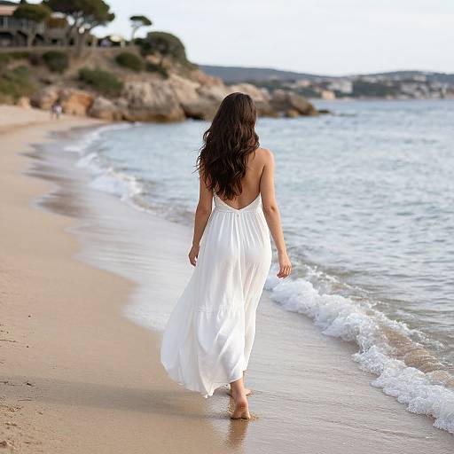 Photograph of a woman with long brown hair, wearing a flowing white dress, walking barefoot along a sandy beach with gentle waves.