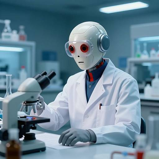 Photograph of a white robotic scientist with red eyes, wearing a lab coat, gloves, and goggles, examining a microscope in a brightly lit laboratory.