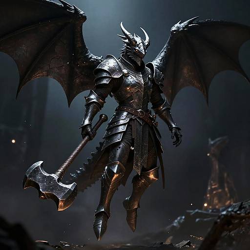 Digital fantasy artwork of a dark, armored, winged demon warrior with glowing orange accents, wielding a large, double-headed axe, flying in a mist