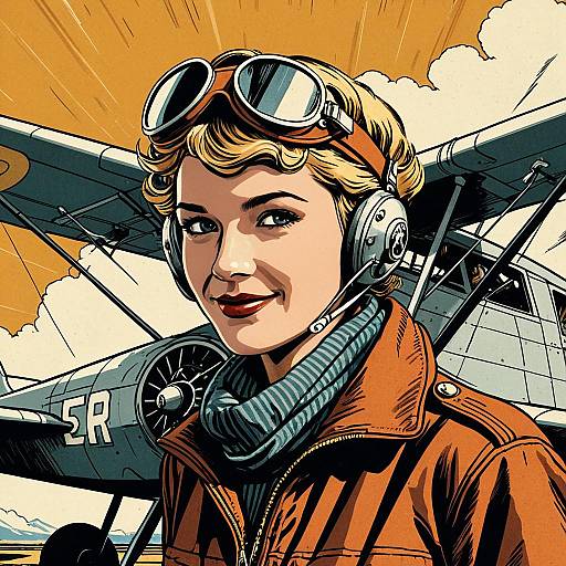 Vintage Comic Style Female Aviator with Airplane