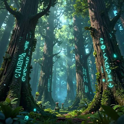 Enchanted forest with towering trees, glowing blue runes, and ethereal light filtering through dense foliage. Two small figures stand in the misty background