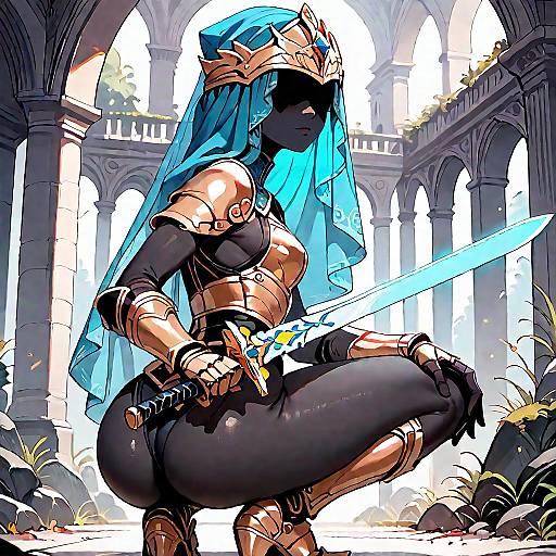 Crouching Warrior in Blue Armor