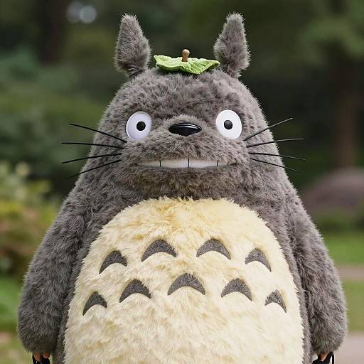 Photograph of a Totoro plush toy with dark gray fur, white eyes, yellow belly, leaf on head, standing outdoors.