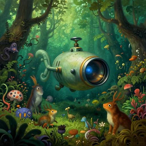 Whimsical digital illustration of a lush, green forest with a flying, submarine-like robot surrounded by colorful, fantastical creatures and vibrant mushrooms.