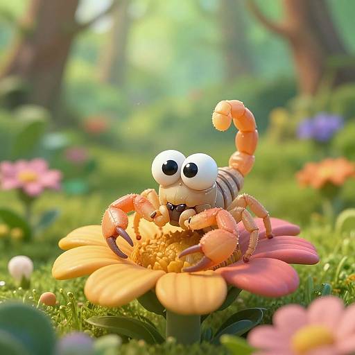 CGI cartoon scorpion with large, expressive eyes sits on a vibrant orange flower in a sunny, colorful forest meadow.