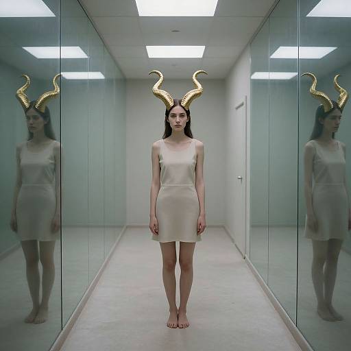 Photograph of a pale-skinned woman with black hair, wearing a white dress and gold, twisted horn headpiece, standing in a mirrored, fluorescent