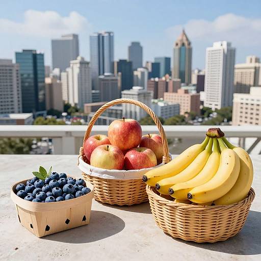 Wide-Angle Cityscape with Fruit Baskets