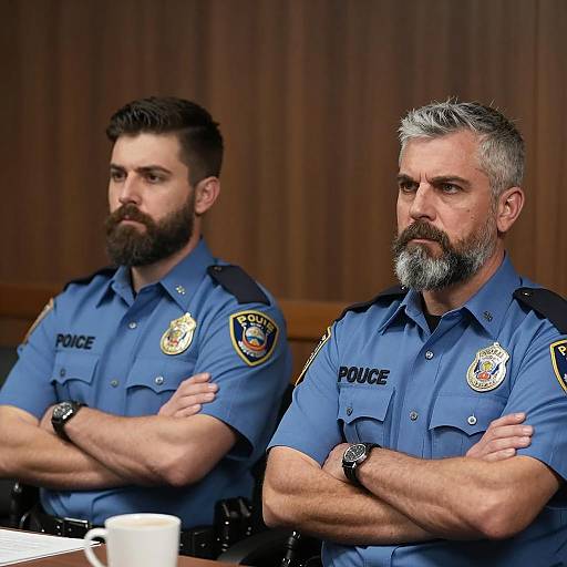 Two Bearded Male Police Officers Sitting with Arms Crossed