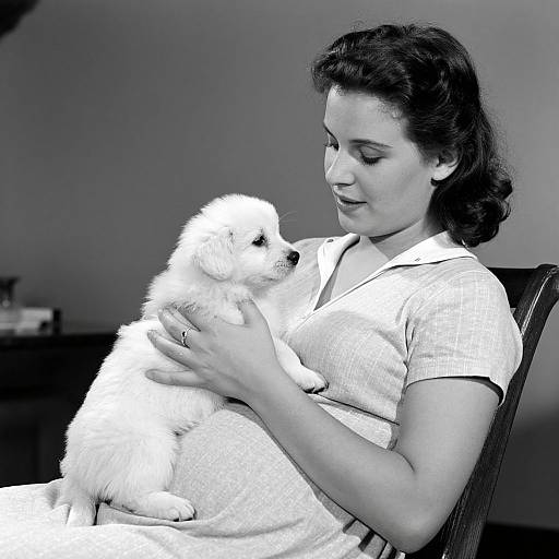 Black-and-white photograph of a dark-haired woman in a white blouse, gently holding a fluffy white puppy on her lap.