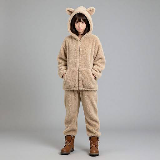 Photograph of an Asian girl with straight black hair, wearing a fluffy beige bear onesie with ears, hands in pockets, and brown lace-up boots