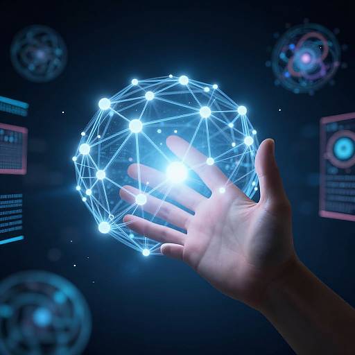 CGI image of a glowing blue, wireframe sphere hovering above a hand, against a dark, sci-fi background with circular holographic icons.