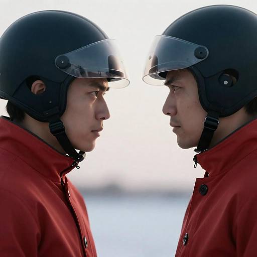 Helmeted Face-Off Close-Up: Red-Coated Confrontation