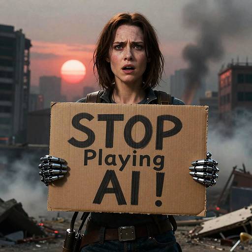 Post-apocalyptic Woman Holding Protest Sign