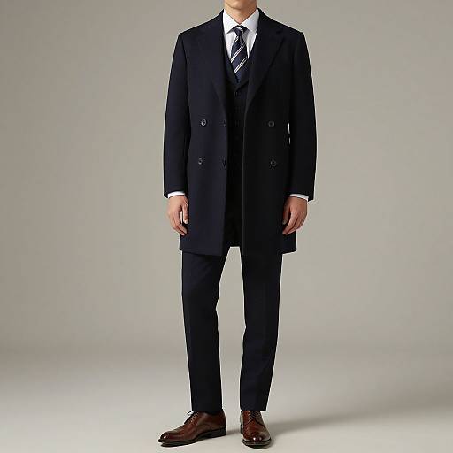 Photograph of a man in a black double-breasted suit, white shirt, striped tie, and brown leather shoes, standing against a plain gray background