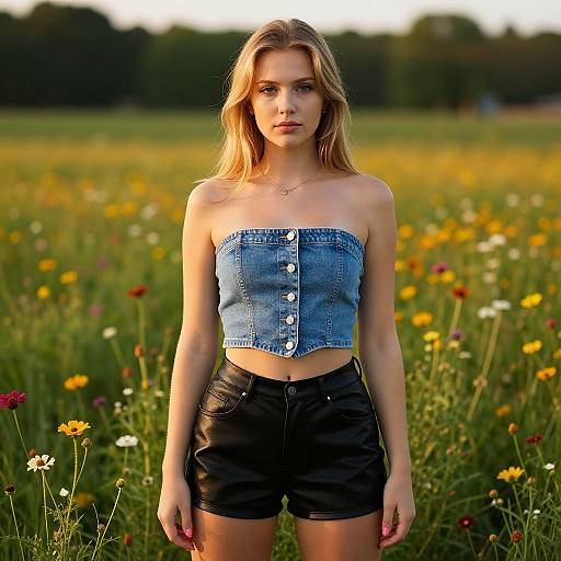 Photograph of a blonde woman with fair skin, wearing a blue denim strapless top and black leather shorts, standing in a sunlit meadow with
