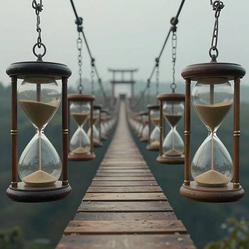 Photograph of a wooden suspension bridge with hanging hourglasses, each showing different sand levels, stretching into a foggy, forested horizon with a