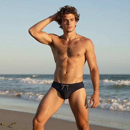Photograph of a muscular, attractive, shirtless man with wavy brown hair, wearing black swim briefs, standing on a sunny beach with gentle