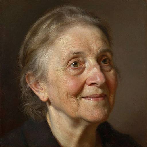 Photorealistic portrait of an elderly woman with light brown hair, wrinkles, and a gentle smile, wearing a dark top, against a dark background.