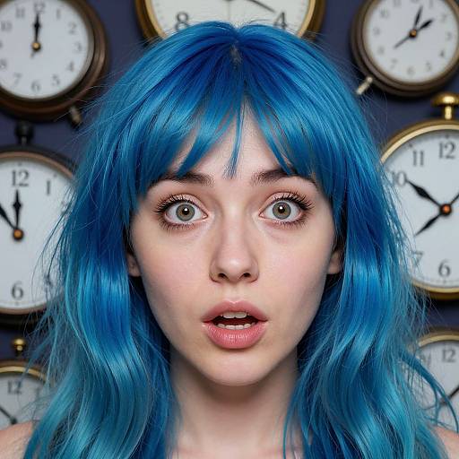 Photograph of a young woman with vibrant blue hair, wide green eyes, and parted lips, surrounded by multiple clocks displaying different times.