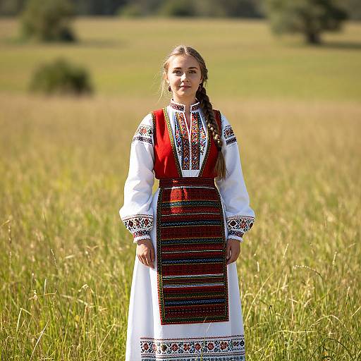 Photograph of a young woman in a traditional Eastern European folk dress with white blouse, red and black striped apron, standing in a sunny, grass