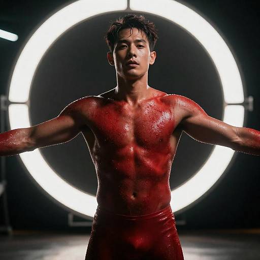 Red Glittered Man Beneath Metallic Halo