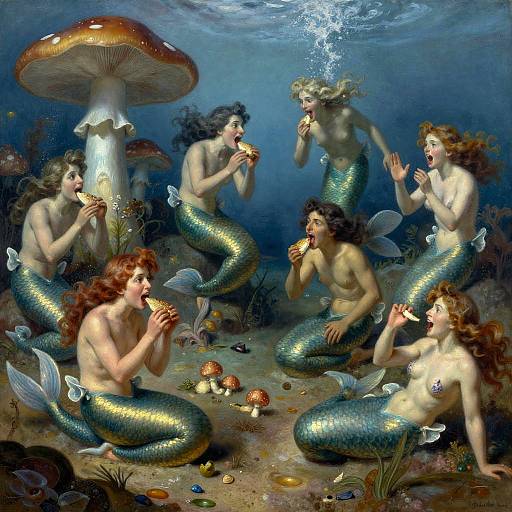 Digital painting of six mermaids with green scales, eating mushrooms underwater, surrounded by seaweed, shells, and a large mushroom.