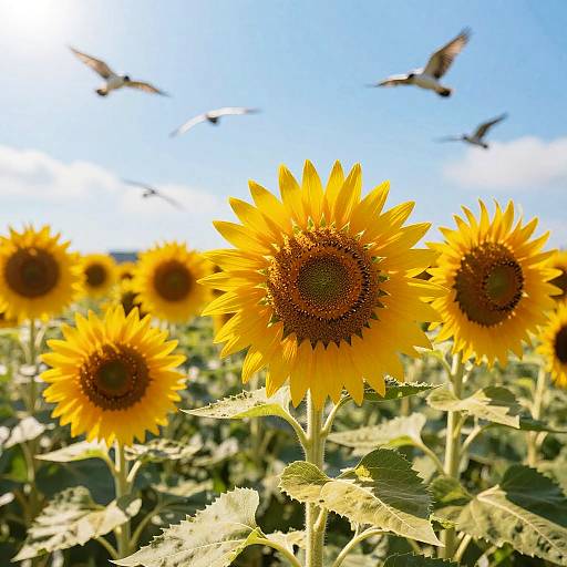 Photograph of vibrant yellow sunflowers in a field with blue sky and birds flying overhead, sunlight highlighting petals and centers.