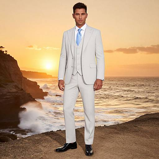 Photograph of a handsome man in a white suit and blue tie standing on a beach at sunset, with waves and rocky cliffs in the background.