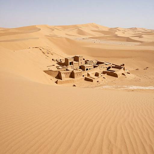 Photograph of a desert with rippled sand dunes and a small, sunlit, ancient stone building cluster in the center.