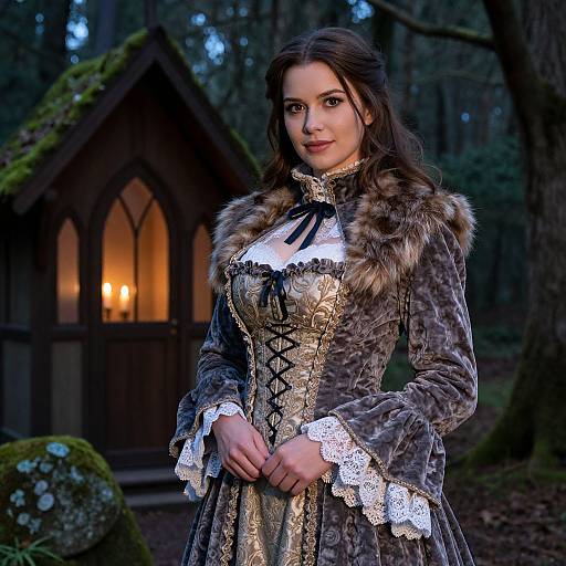 Photograph of a young woman in a Victorian-style fur-trimmed dress with lace trim, standing in front of a wooden cabin with glowing candles,