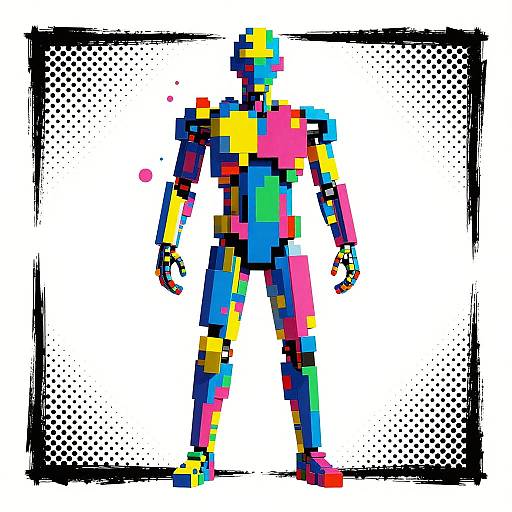 Bright, colorful, pixelated robot figure with yellow, blue, pink, and green segments, standing against a white background with black dotted border. Digital