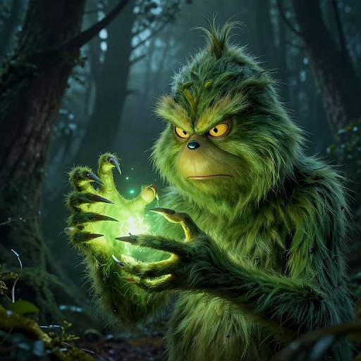 Digital CGI of a fierce, green, furry, anthropomorphic creature with glowing yellow eyes and sharp claws, holding a neon green orb in a dark,