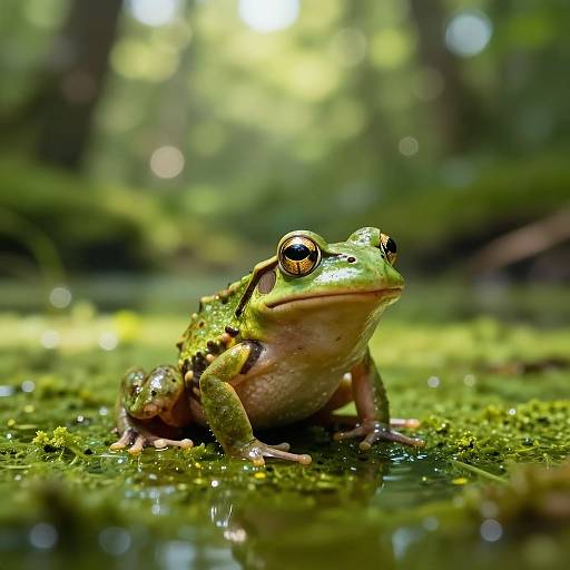 Photograph of a green frog with large, reflective eyes, sitting in a mossy, sunlit forest pond, with a blurred, bokeh background