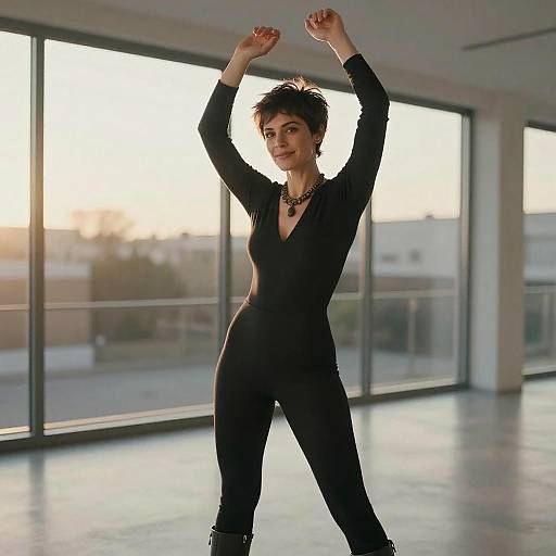 Photograph of a short-haired woman with light skin, wearing a black, form-fitting jumpsuit and necklace, striking a confident pose with arms raised