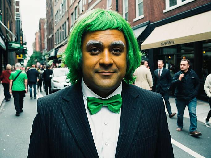 Photograph of a man with green wig, black pinstripe suit, green bow tie, standing on busy city street, surrounded by pedestrians. Urban
