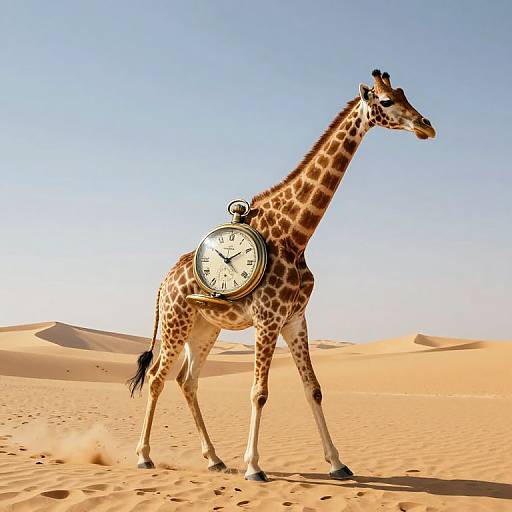 Photograph of a giraffe standing in a desert, with a large vintage clock mounted on its back, under a clear blue sky.
